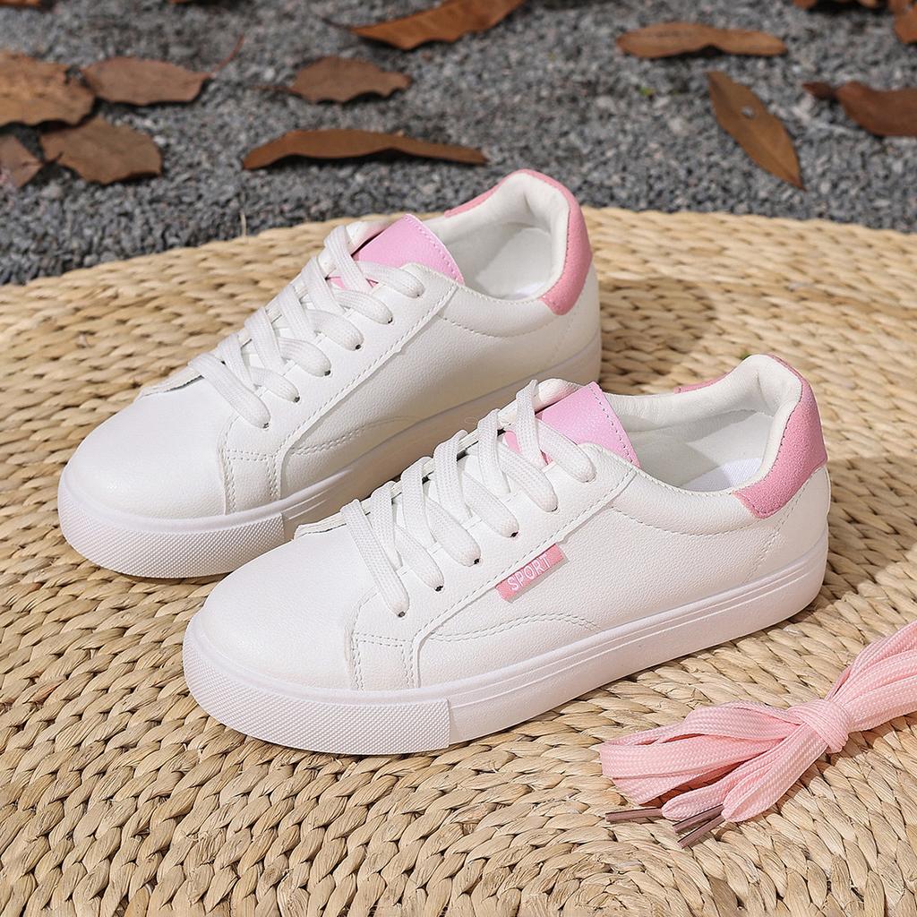 Zapatos Blancos Mujer Primavera Otoño Suela Plana Zapatillas de Cuero Casual con Cordones Estilo Estudiantes Universidad Zapatos de Tabla Femenino