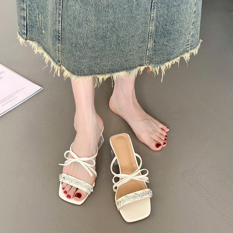 Pearl Bow Slippers 2024 Summer New Outer Wear Slippers Women High Heel Sandals Ladies Stiletto All-match Open Toe Roman Shoes