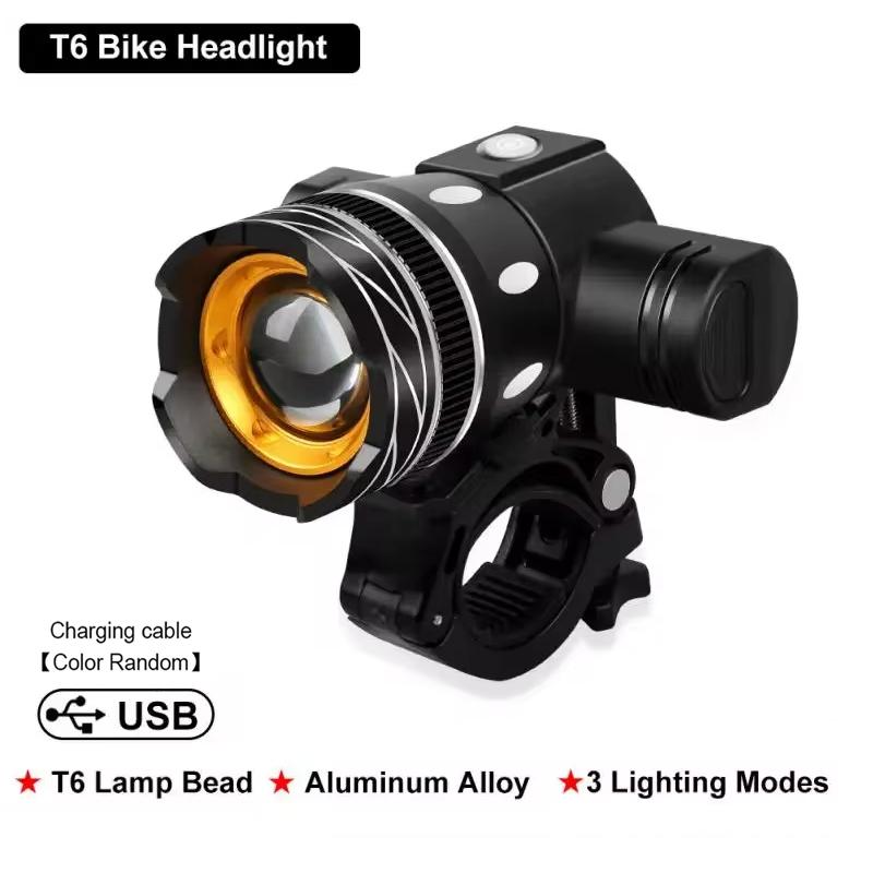 T6 LED Bike Headlight Adjustable Zoom Bicycle Front Light USB Rechargeable Waterproof Cycling Flashlight Road MTB Accessories чёрный