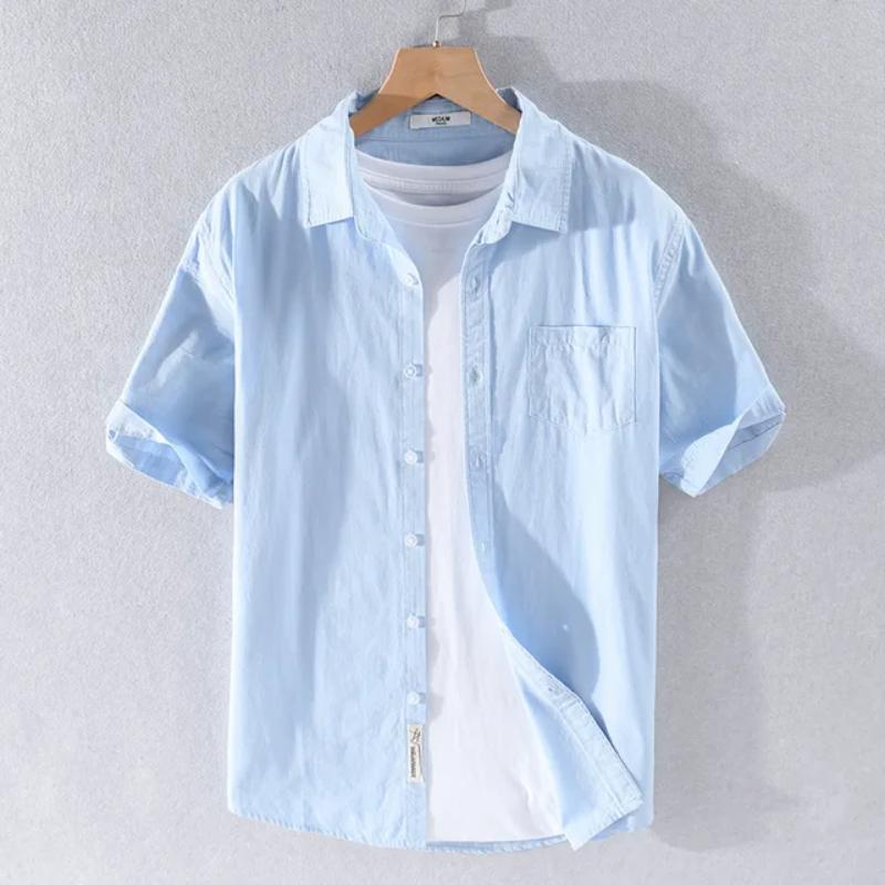 Summer Short Sleeve Shirt Men Daily Casual Tops Square Collar Soft and Comfortable Green Pure Cotton Shirt Korean Simple Style Men Clothing