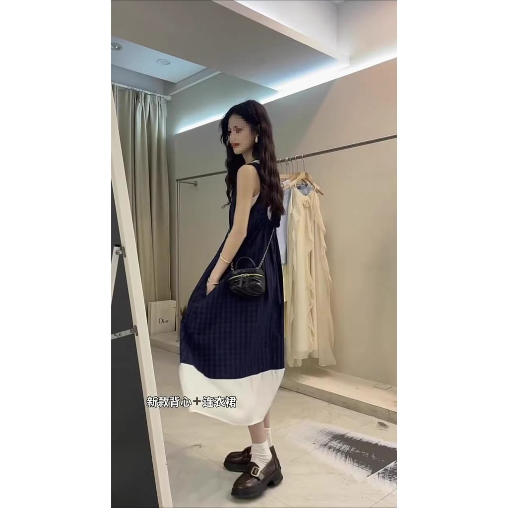 Blue Plaid Sleeveless Dress French Literary Style Mori Retro Small Fresh Holiday Suspender Vest Long Dress