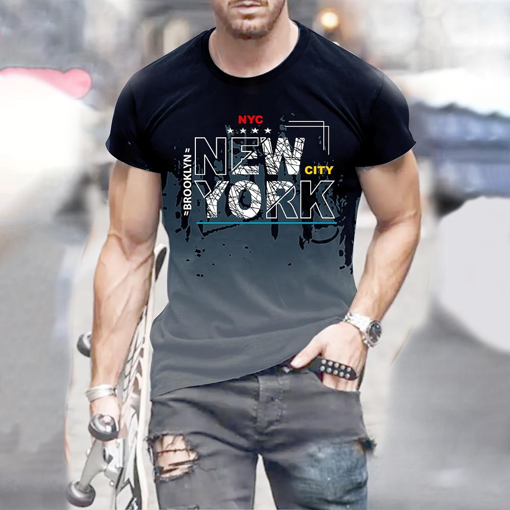 Men's T-shirt NEW YORK Alphabet Print Gradient Casual Comfy Short Sleeved Tees For Summer Oversized Men's Clothing Tops Outdoor