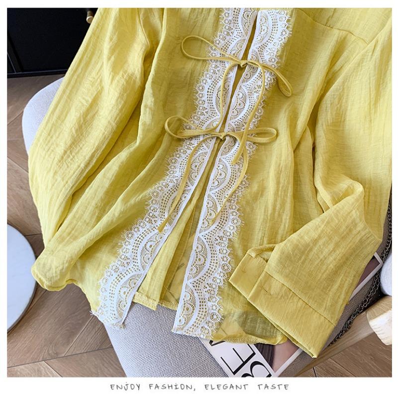 Elegant Back Slit Strap Splicing Lace Sunscreen Shirt Long Sleeved Loose Jacket for Women's Bow Tie Summer Fashion Thin Loose Fit Shirt Sweet Blouse