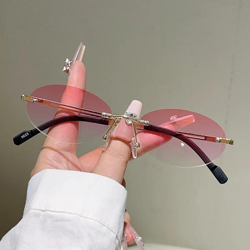 

y2k Vintage Rimless Oval Sun Glasses Women For Men Luxury Designer Sun Glasses Punk Popular Outdoor Vacation Pink Eyeglass