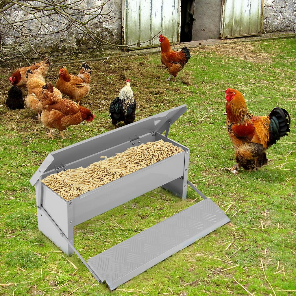 Automatic Chicken Feeder with Weatherproof Lid Treadle Chicken Feeder Metal Chicken Feeder for Chickens Ducks and Geese