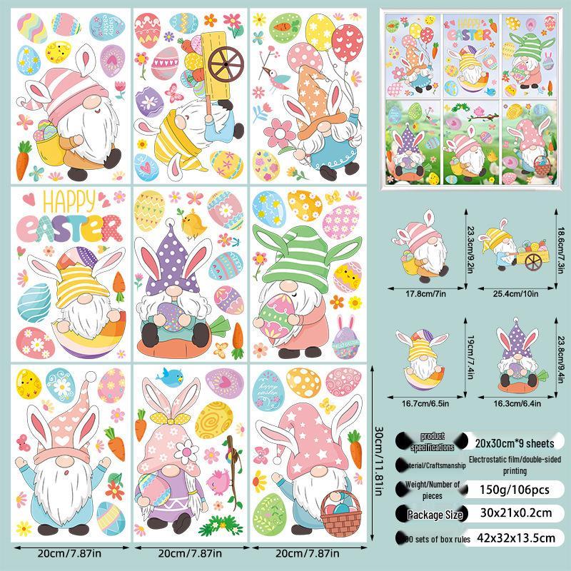 Cartoon Rabbit & Colored Eggs Static Cling Window Decor Stickers for Easter