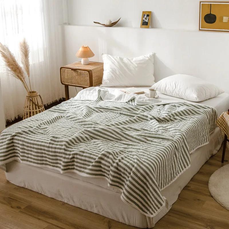 Stripes 100% Cotton Summer Blanket Bed Gentle Skin Friendly Queen Quilt Summer Air Conditioner Lightweight Comforter Breathable