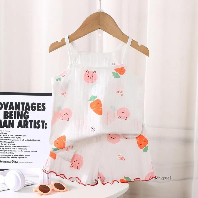New Kids Tops+shorts Set Summer Thin Baby Cotton Vest Sleeveless Loungewear Set for Girls Suit