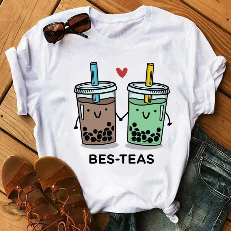 Kawaii Cartoon Milk Tea Printed T Shirt Women Fashion T Shirt Casual Tops 90s Girls Ladies Female Short Sleeve Cute Graphic Tee
