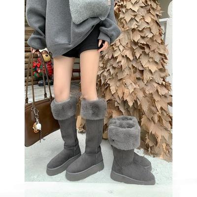 Snow Boots Women's Gray Thick-soled Winter Warm Medium Tube Velvet Shoes Two Wear Cotton Shoes
