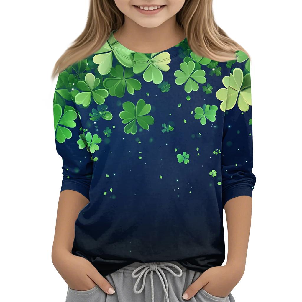 St. Patrick's Day Print Tops For Youth Girls 4-11 Years Round Neck 3/4 Sleeves T-Shirts Trendy Tops Outfit Tees