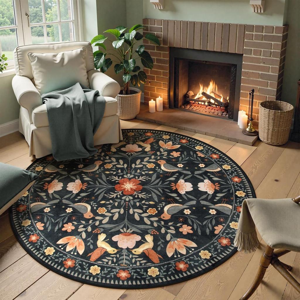 Boho Chic Blommor och Fåglar Rund Matta för Vardagsrum Sovrum Mjuka Områdesmattor Kök Matsal Soffbord Halkfri Golvmatta