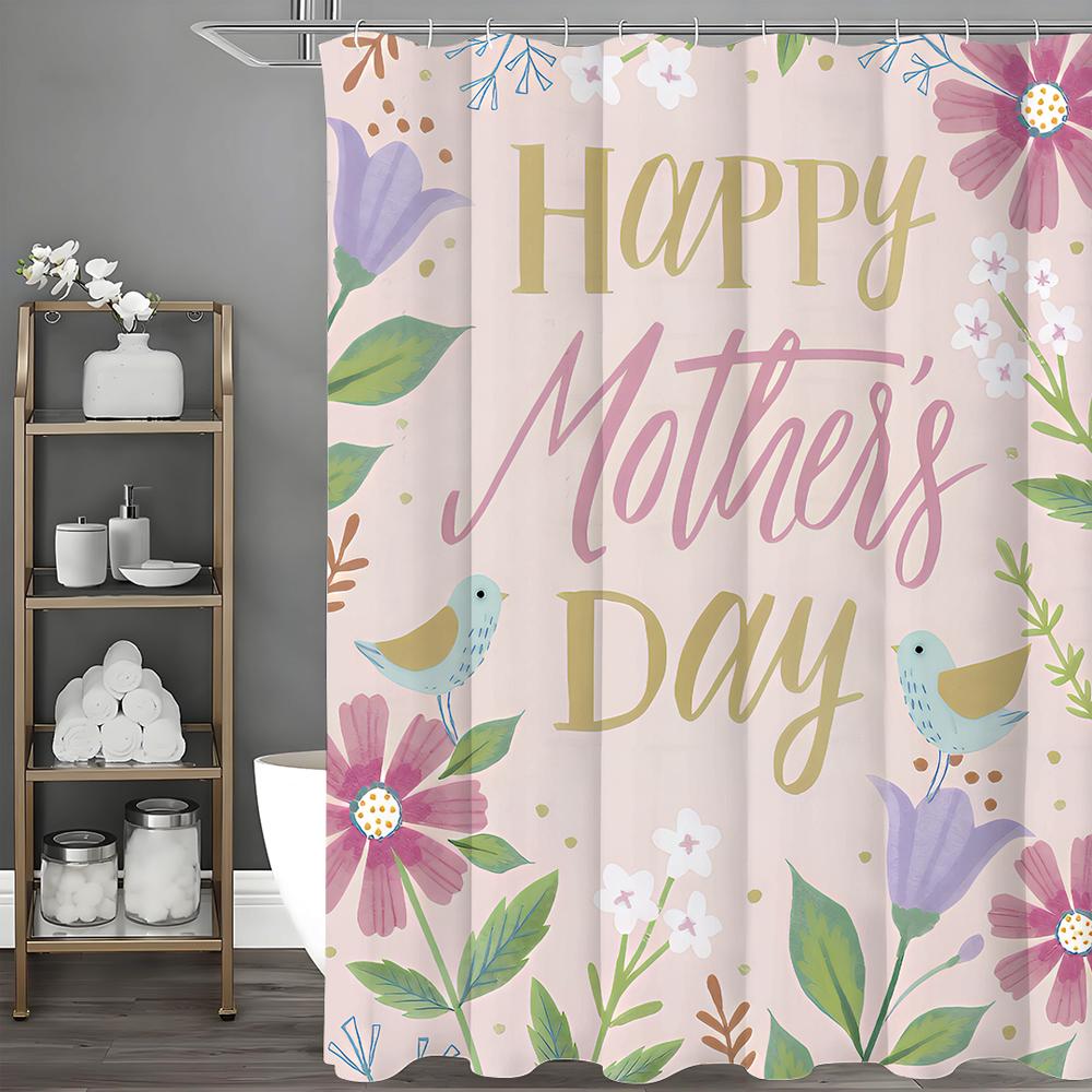 Mother's Day Cartoon Flower Bird Shower Curtain, Bathroom Decorative Shower Curtain, Waterproof Shower Curtain with Hooks