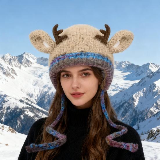 Vánoční čepice s parohy a ochranou uší, dvoufunkční design, ručně pletená slavnostní zimní čepice, kabelka, sváteční dekorace