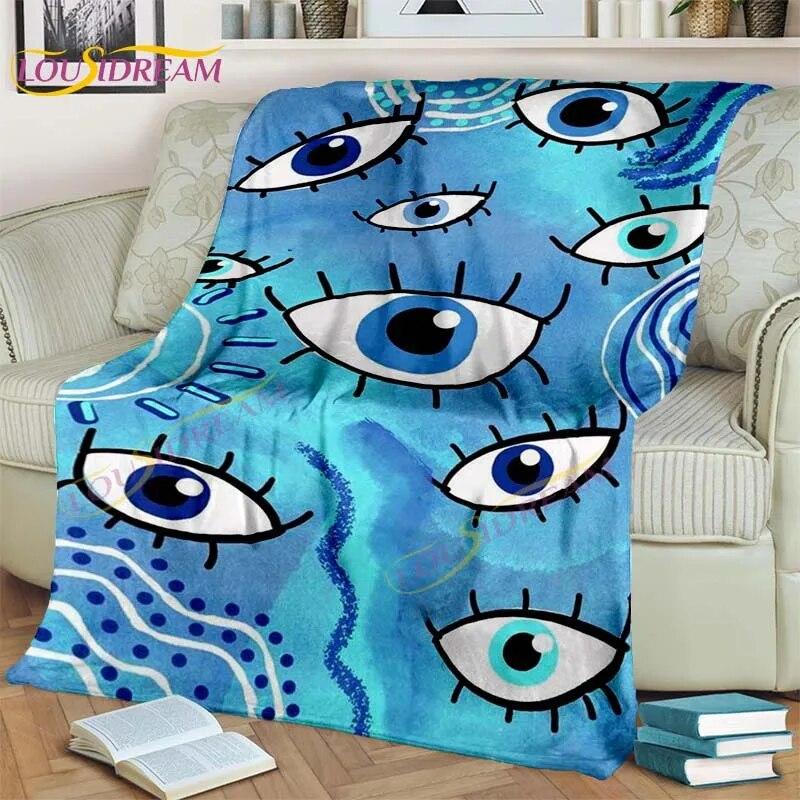 Bule Evil Eye Blanket Hamsa Hand Psychedelic Blanket for Travel Bedding Chair Adult Lightweight Bohemian Style Blanket Tapestry