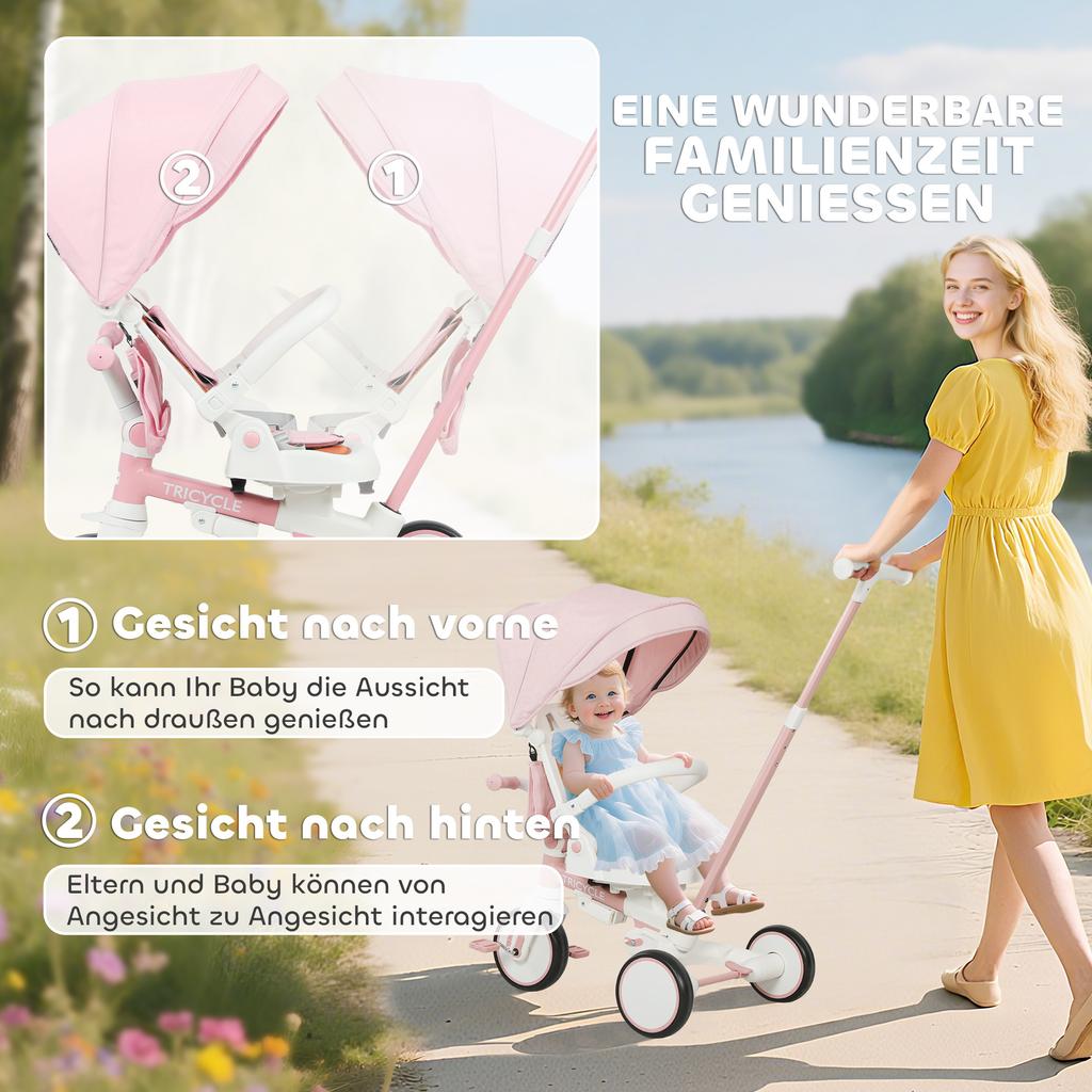 Children's Tricycle, Convertible Baby Buggy, 5-in-1, Push Handle, 1-3 Years, Pink