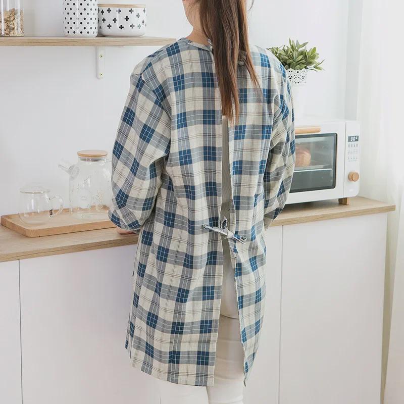 Fartuch kuchenny w kratę w stylu japońskim z misiem, wodoodporny, odporny na zabrudzenia – dwustronny kombinezon do gotowania