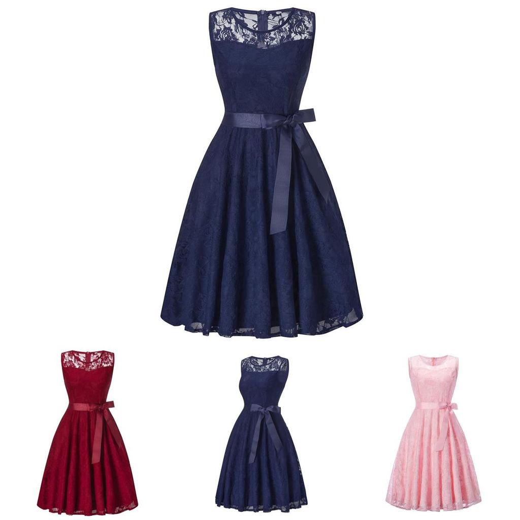 Elegant Round Neck Sleeveless Lace Stitching Retro Dress With A Large Belt And Slim Swing Skirt