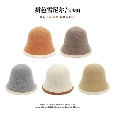 2025 New Contrasting Chenille Bucket Hat Autumn and Winter Color Matching Knitted Basin Hat Men and Women Lamb Plush Bucket Hat