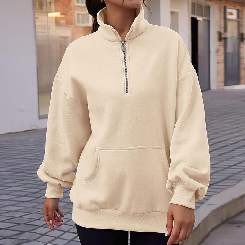 2025 Europe, America, Amazon cross-border autumn and winter new fashion thermal zipper stand-up collar solid color casual T women's sweater