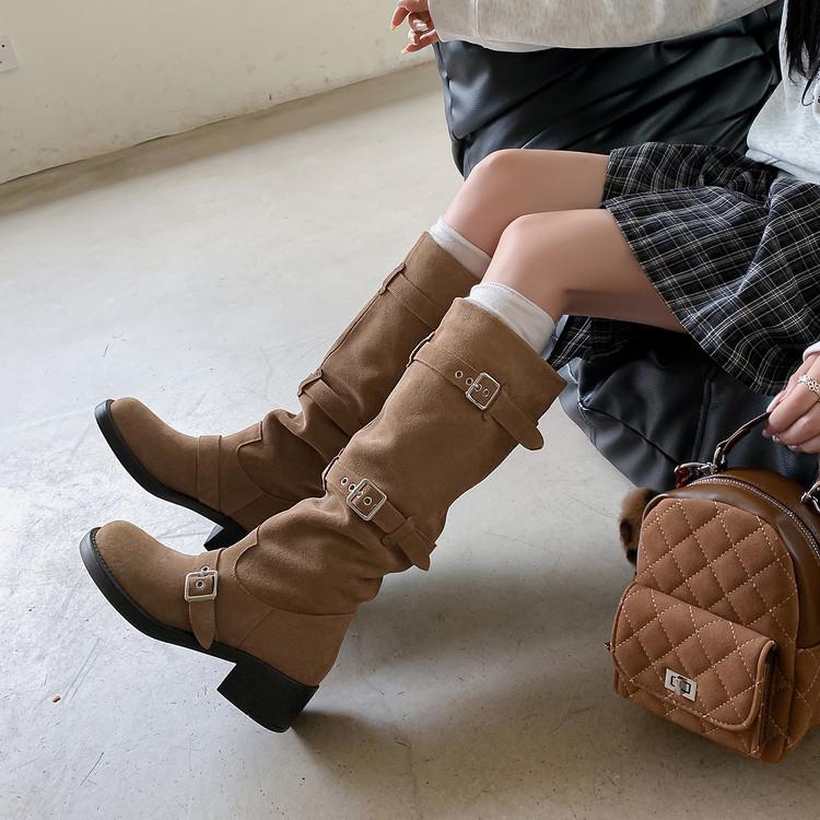 2025 autumn and winter temperament thin ins leather buckle belt pleated knight boots genuine leather but knee boots children