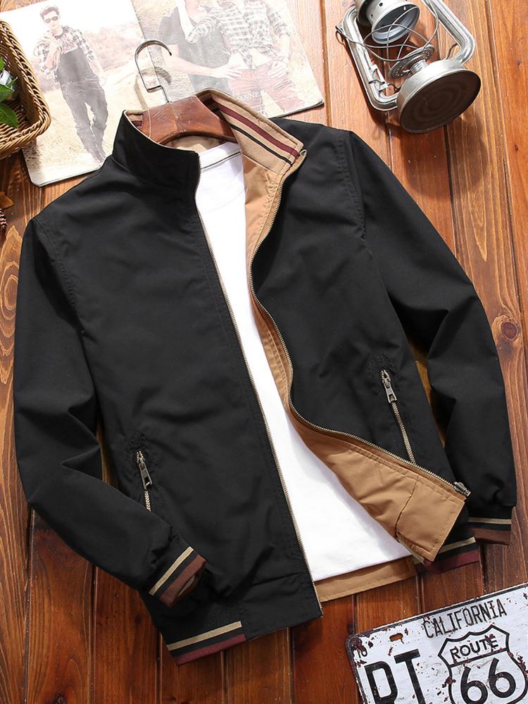 Men's Reversible Stand Collar Jacket - Sporty Casual Zip-Up Coat , Regular Fit for Spring/Fall Outdoor & Leisure Wear, Pockets Versatile Outerwear