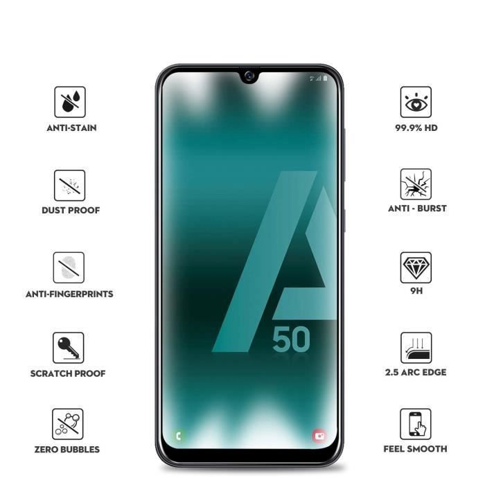 Coque pour Samsung Galaxy A50 - Silicone Souple Transparent + Verre Trempé Integral Bord Noir Film Ecran [Phonillico®]