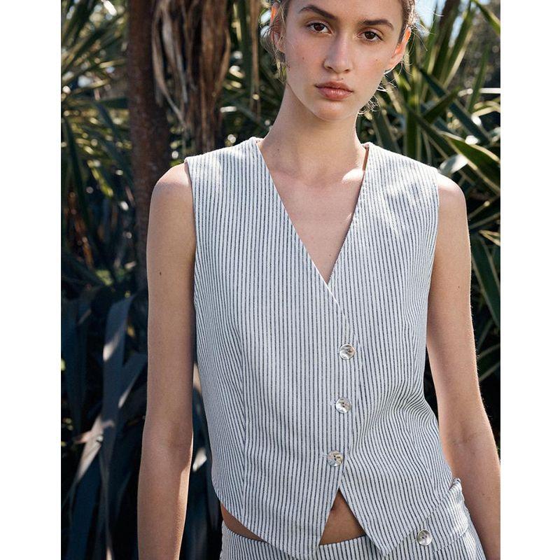 Stripes Print Sleeveless V-neck Vest Vest 2949025 Stripes Print Casual Culottes 2949026