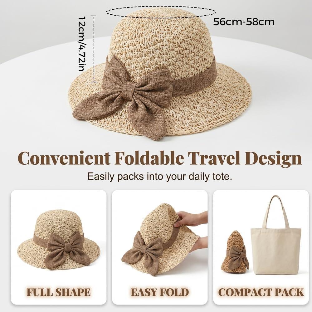 Elegant Woven Straw Sun Hat with Bow, 2026 Upgraded Womens Straw Hat, Summer Beach Sun Straw Hats, Breathable