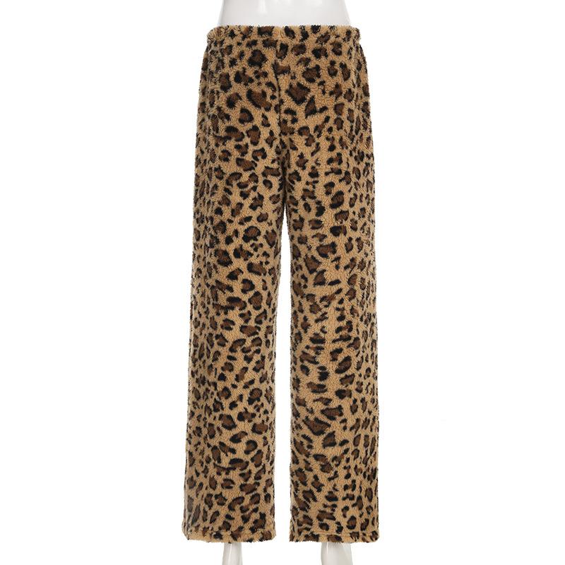 Women's Drawstring Tie Loose Personalised Leopard Print Plush Casual Elastic Low Waist Skinny Niche Straight Leg Pants