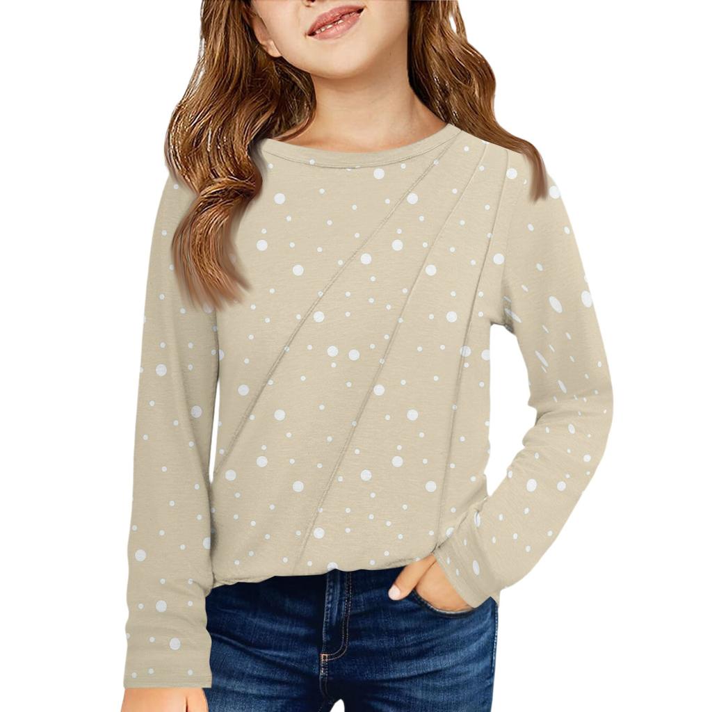 Girls' Long Sleeve Tee - Pleated Round Neck Casual Top