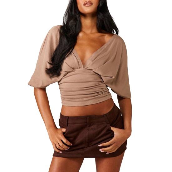 

Women Tops Puff Sleeves V Neck Slim Fit Pleated Waist Pullover Tops Pure Color Summer Short Tops Daily Wear S хаки