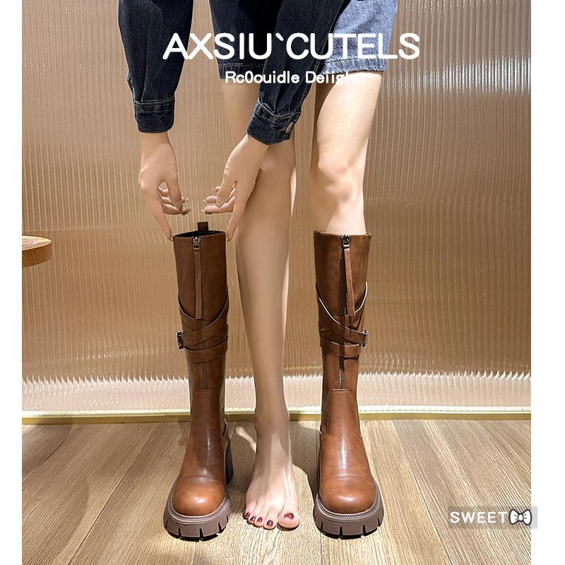 New spot fried street Maillard style new boots female 2025 autumn and winter Internet celebrity thick bottom flat mouth tall cylinder knight