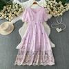 Summer Vintage Hollow Out Embroidered Midi Dress Women's V-neck Short Sleeve Elastic Waist Slim Long Dress