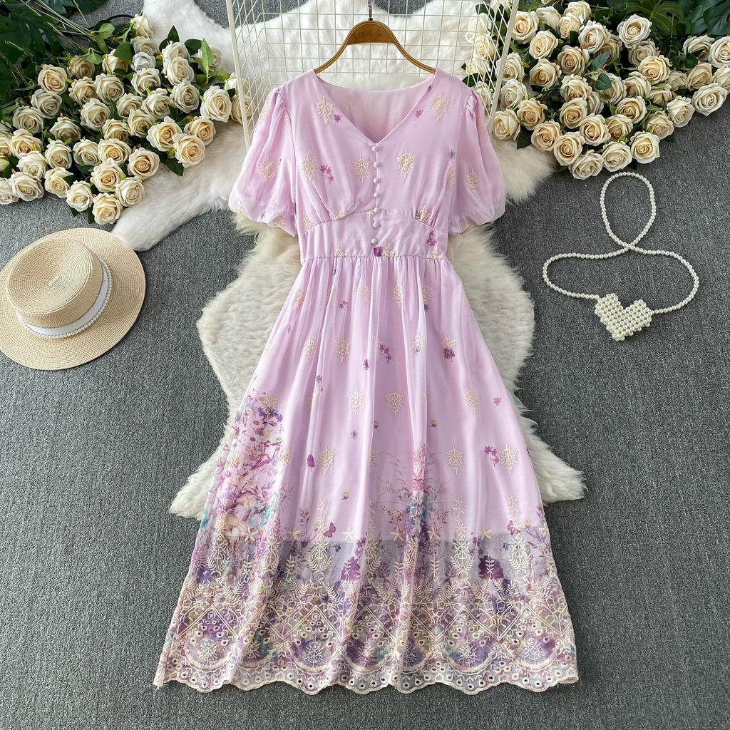 Summer Vintage Hollow Out Embroidered Midi Dress Women's V-neck Short Sleeve Elastic Waist Slim Long Dress