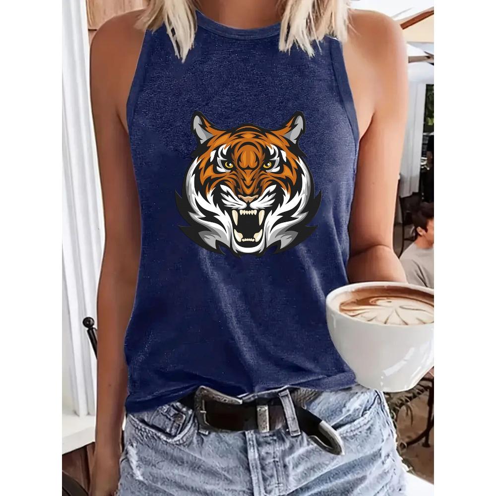 

Женский жилет без рукавов с круглым воротом и принтом головы тигра на весну и лето XXL темно-синий