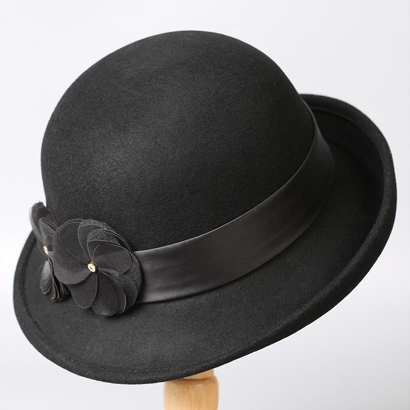 French wool felt hat women's autumn and winter British retro fashion versatile foreign style Hepburn style flower warm top hat
