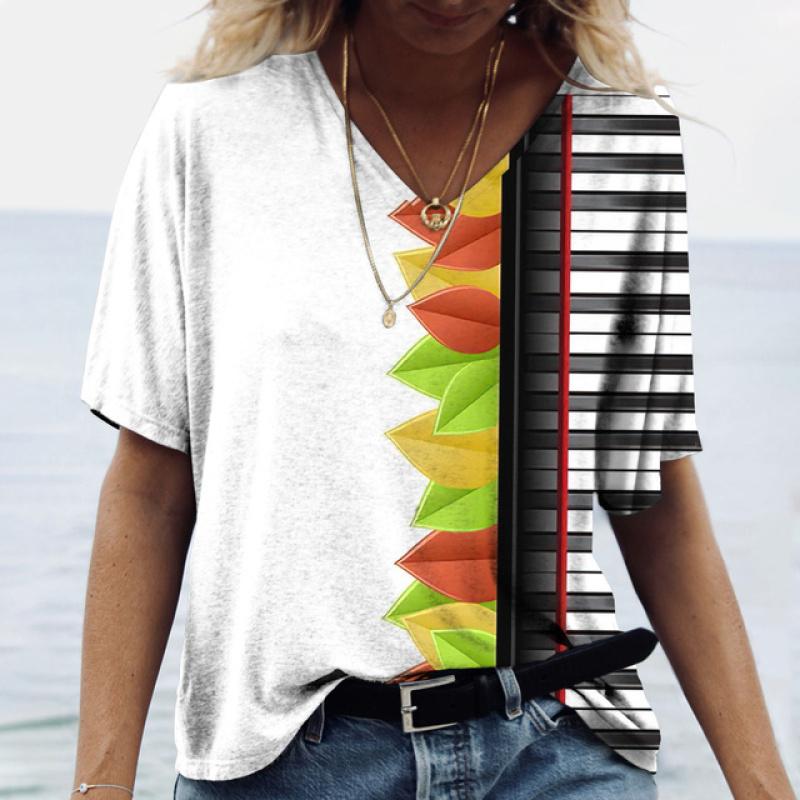 Women' T-shirt Piano 3d Print Everyday Casual Wear Oversized-shirt Funny Short Sleeve T-shirt V-neck Clothing Fitness Sweatshirt