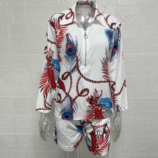 2 Pcs/Set Shirt Shorts Suit Zipper Lapel Loose Printed Long Sleeve Casual Soft Pockets High Waist Lady Top Shorts Set