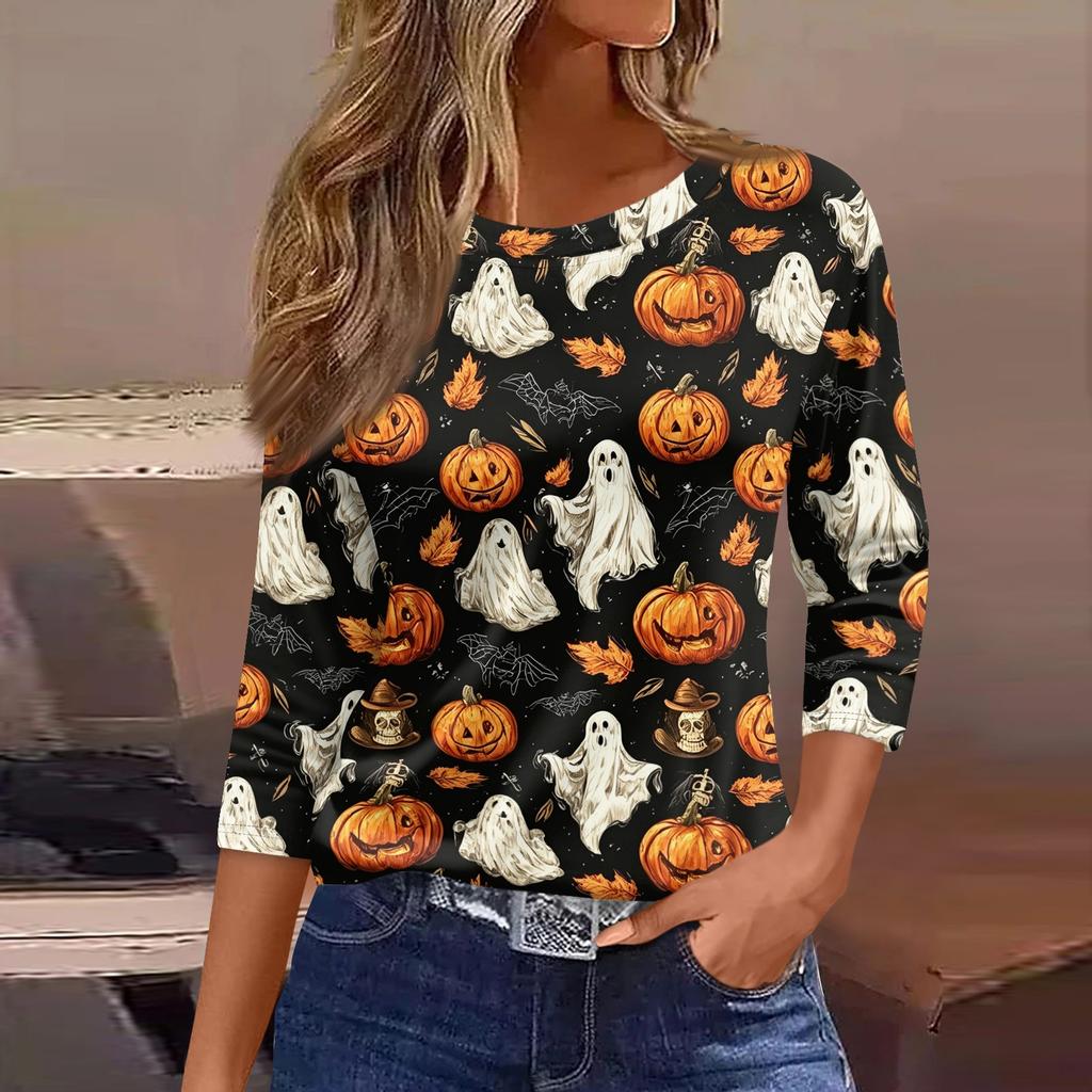 Women's Casual Loose Fit Three Quarter Sleeve Shirt Round Neck Halloween Print T-Shirt Lightweight Comfortable Top