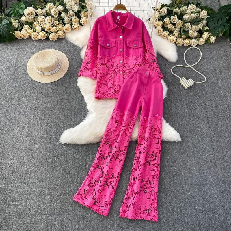 Womens Lace-Trimmed Denim Collar Long Sleeve Shirt High-Waisted Wide-Leg Pants Set Casual Chic Outfit Fall 2025