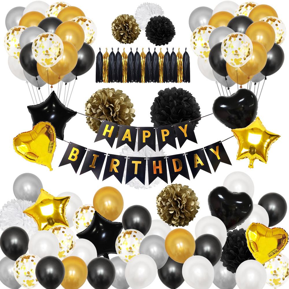 Birthday Party Decoration Set Black Gold Theme Birthday Arrangement Rain Curtain Flag Party Decoration Balloon