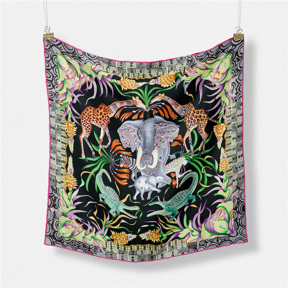 53CM Twill Silk Scarf Woman Forest Animals Print Square Scarves Wrap Bandana Small Hijab Foulards Lady Tie Headband Neckerchief