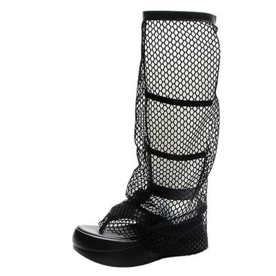 Fashion 6cm New Air Mesh Hollow Platform Wedge Sandals Mid Calf Knee High Boots Fashion Ladies Breathable Summer Flip Flops Shoes