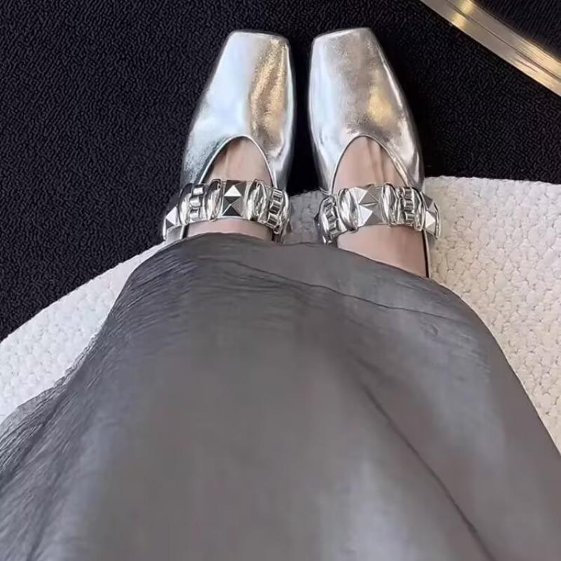 Fashion Wedge Cool Mopping Summer New Square-toe Shallow-mouth Metal Buckle One-band Non-slip Wear-resistant Kitten Heel Shoes