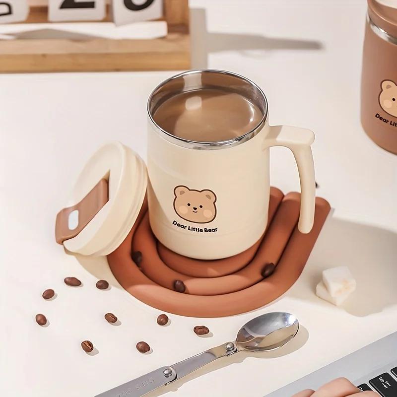 1pc 500ml Cute Bear Mug Double Walled Insulated Stainless Steel Travel Coffee Mug With Straw And Lid Best Office Iced Coffee Mug