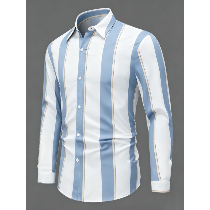 Men's Olive Green Vertical Striped Long Sleeved Shirt with Collar, European and American Business Daily Casual Versatile Top