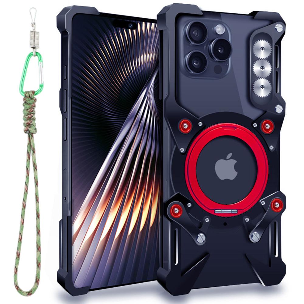 

For iPhone 16 Pro Max Bumper Case Kickstand Aluminum Alloy Magnetic Phone Cover with Wrist Strap A