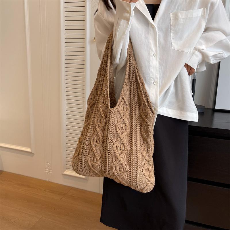 Wool Knitted Shoulder Shopping Bag for Women Vintage Cott Cloth Girls Tote Shopper Bag Large Female Handbag Crochet Bag