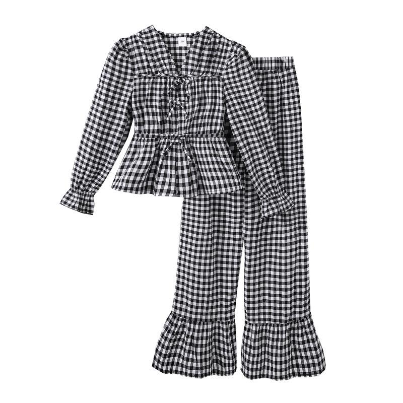 Girls' Outfit Children's Clothing Autumn New Sweet Artistic Style Plaid Long Sleeve Top with Lace Wide-Leg Pants